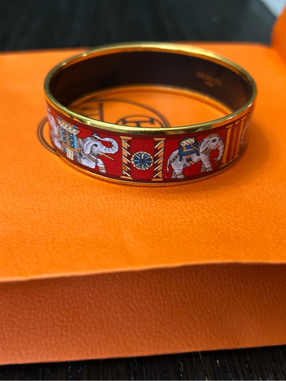 Hermes Red Enamel Elephant Motif Bangle with Gold Trim